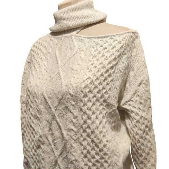 Sofia Jeans M Cream Cable Knit Cold Shoulder Turtleneck Sweater Metallic Sequins - Picture 14 of 16